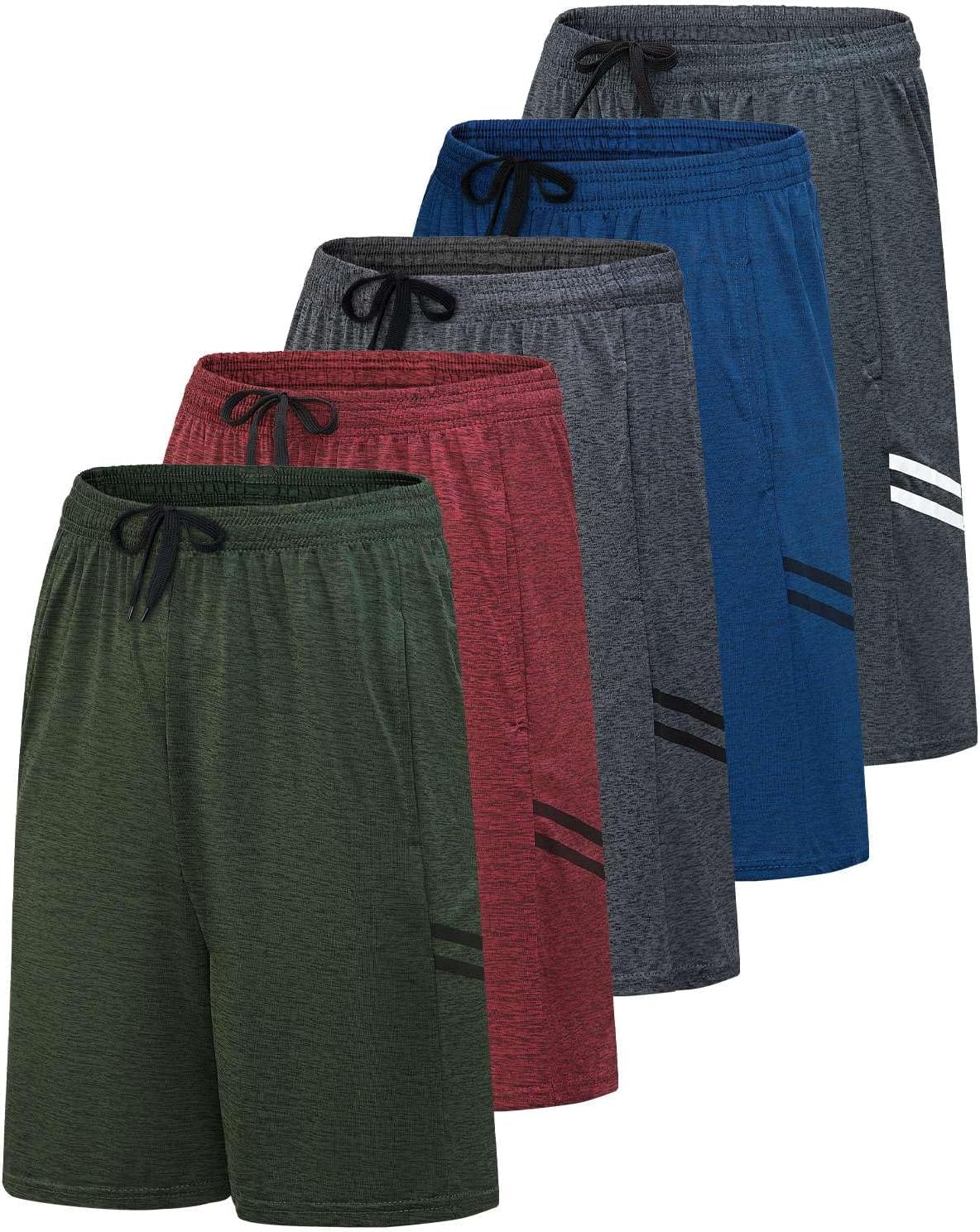 Real Essentials Men's Dry-Fit 9" Shorts - 5 Pack for Gym, Basketball, Running & Casual Wear