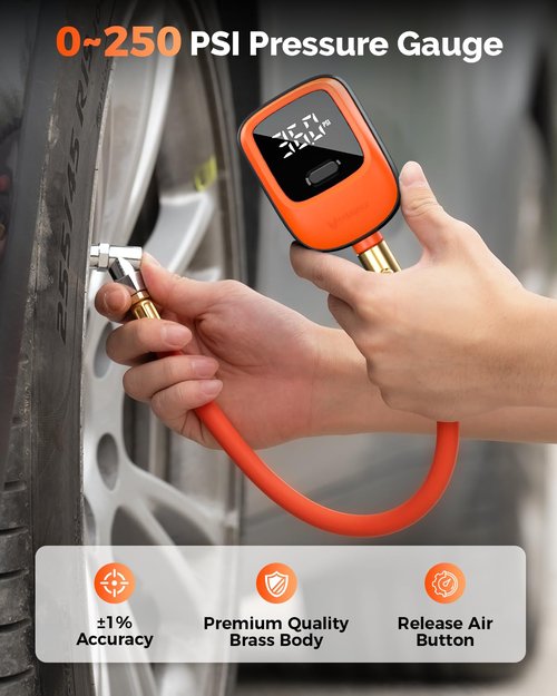 ETENWOLF T600 Digital Tire Pressure Gauge - High Precision 0-250 PSI | Includes Rubber Hose & Replaceable Batteries