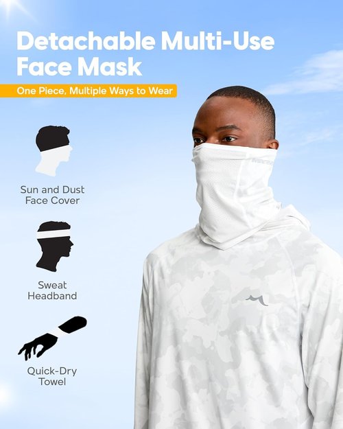 Maamgic Men's Fishing Shirt - UPF 50+ Sun Protection Hoodie with Detachable Face Mask, Long Sleeve