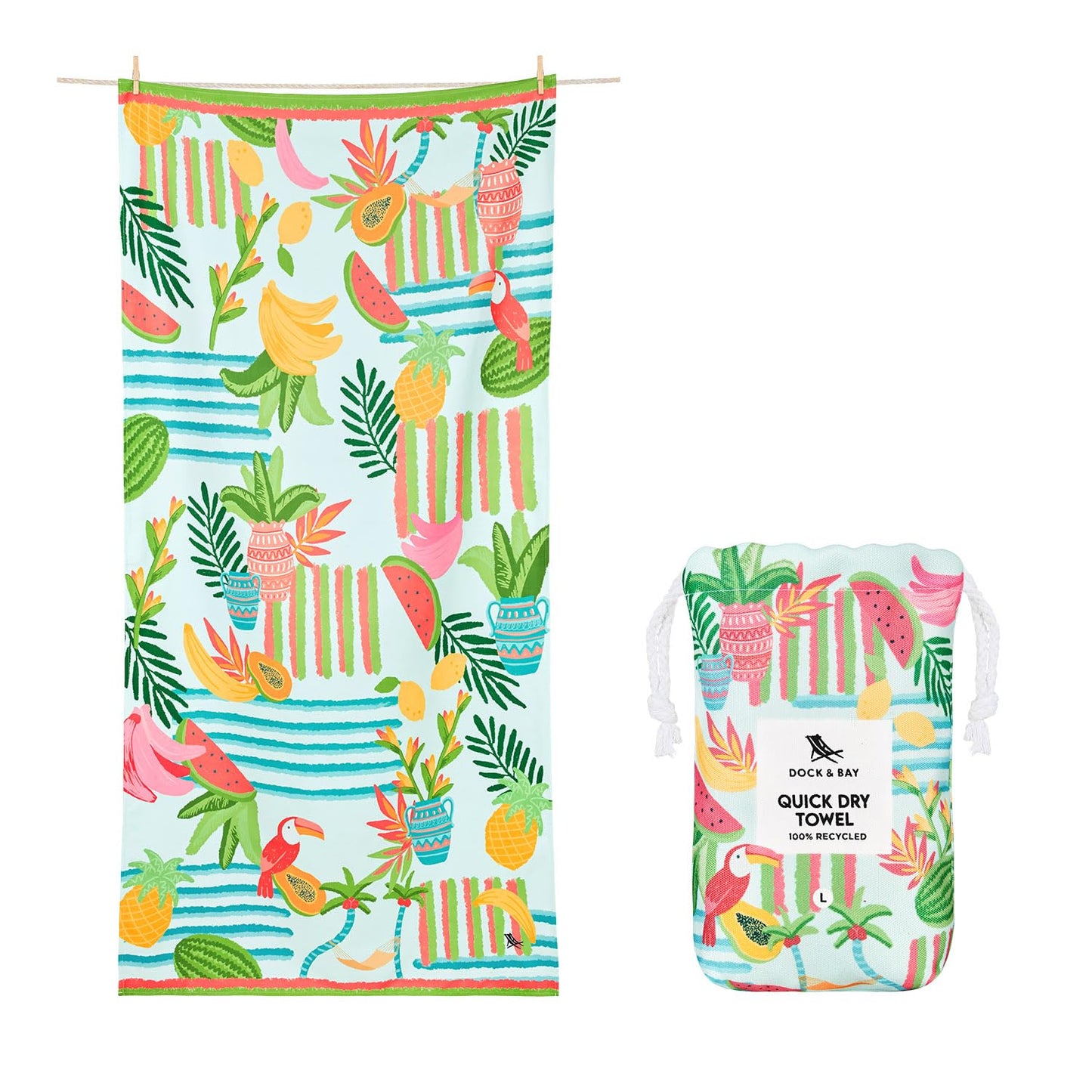Dock & Bay Beach Towel - Quick Dry, Sand Free - Compact, Lightweight - 100% Recycled - Includes Bag - Tropicana Treat - Large (160x90cm, 63x35)