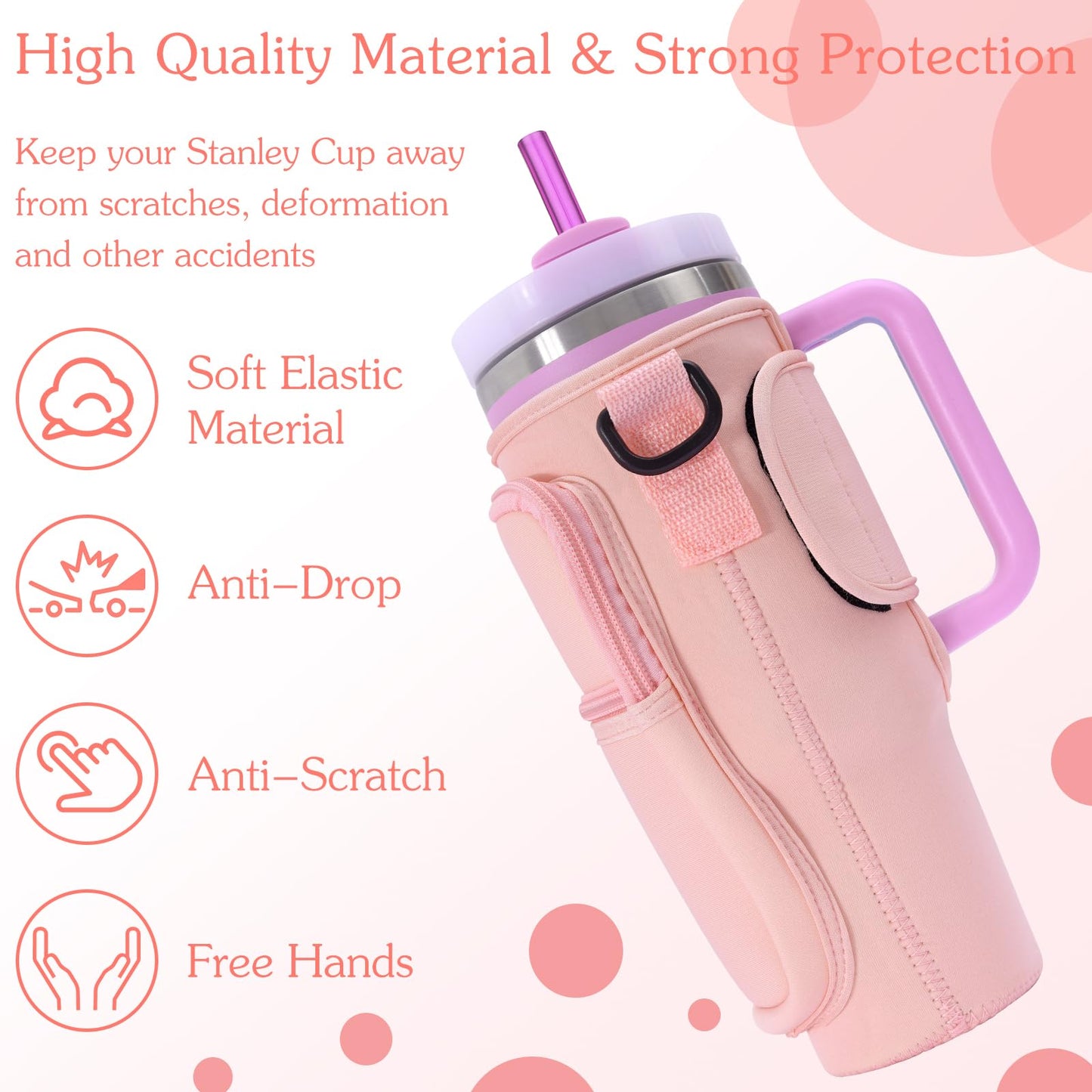 Jecten Water Bottle Carrier Bag with Pouch Fit for Stanl-ey Tumbler 40oz, Water Cup Pouch with Adjustable Strap, Water Bottle Holder for Hiking Travelling Camping(Pink)
