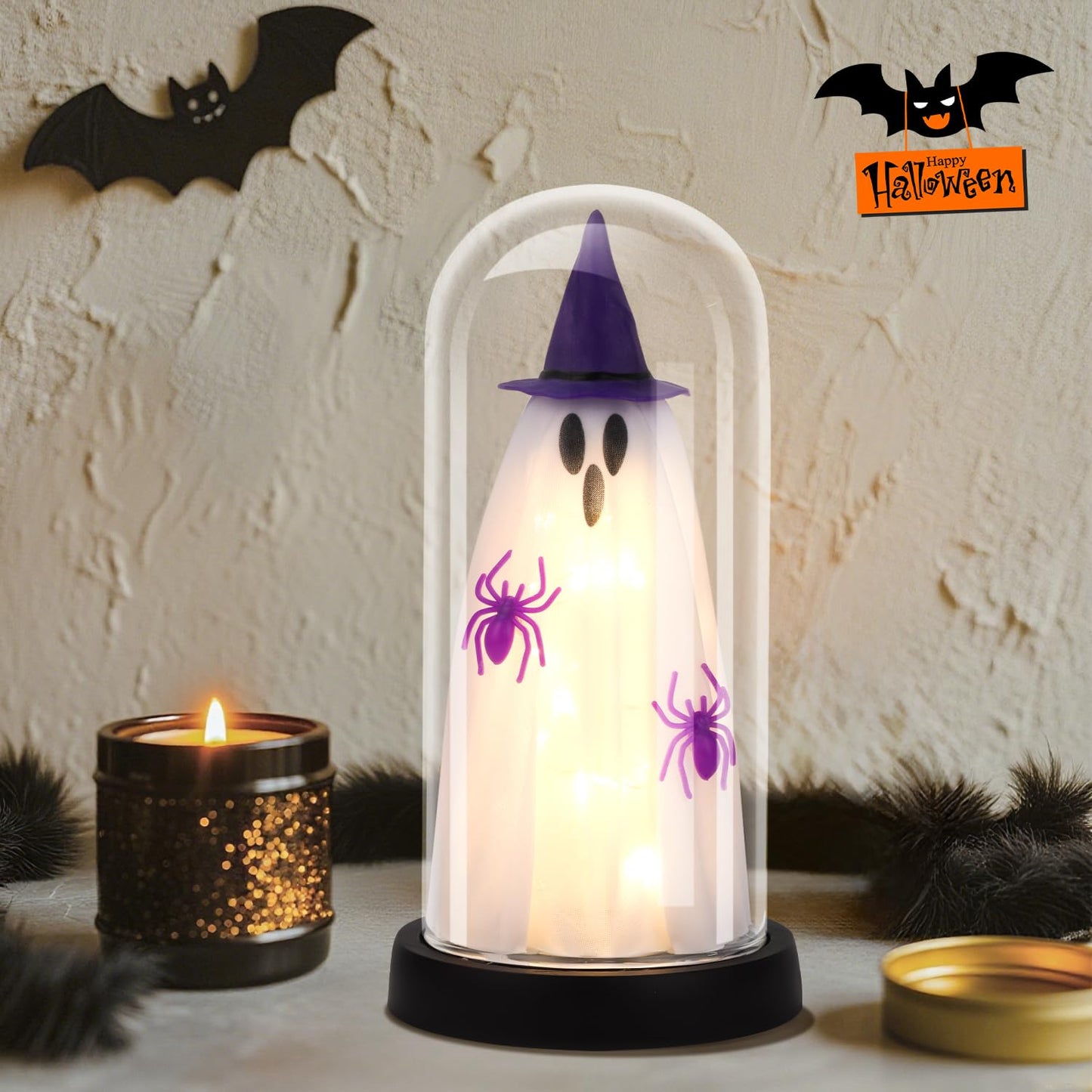 Halloween Decor-Halloween Decorations Indoor-Light Up Ghost in Glass Cloche-Cute Ghost with Light for Home Kitchen Mantel Tabletop Party Decor- Ghost-Purple