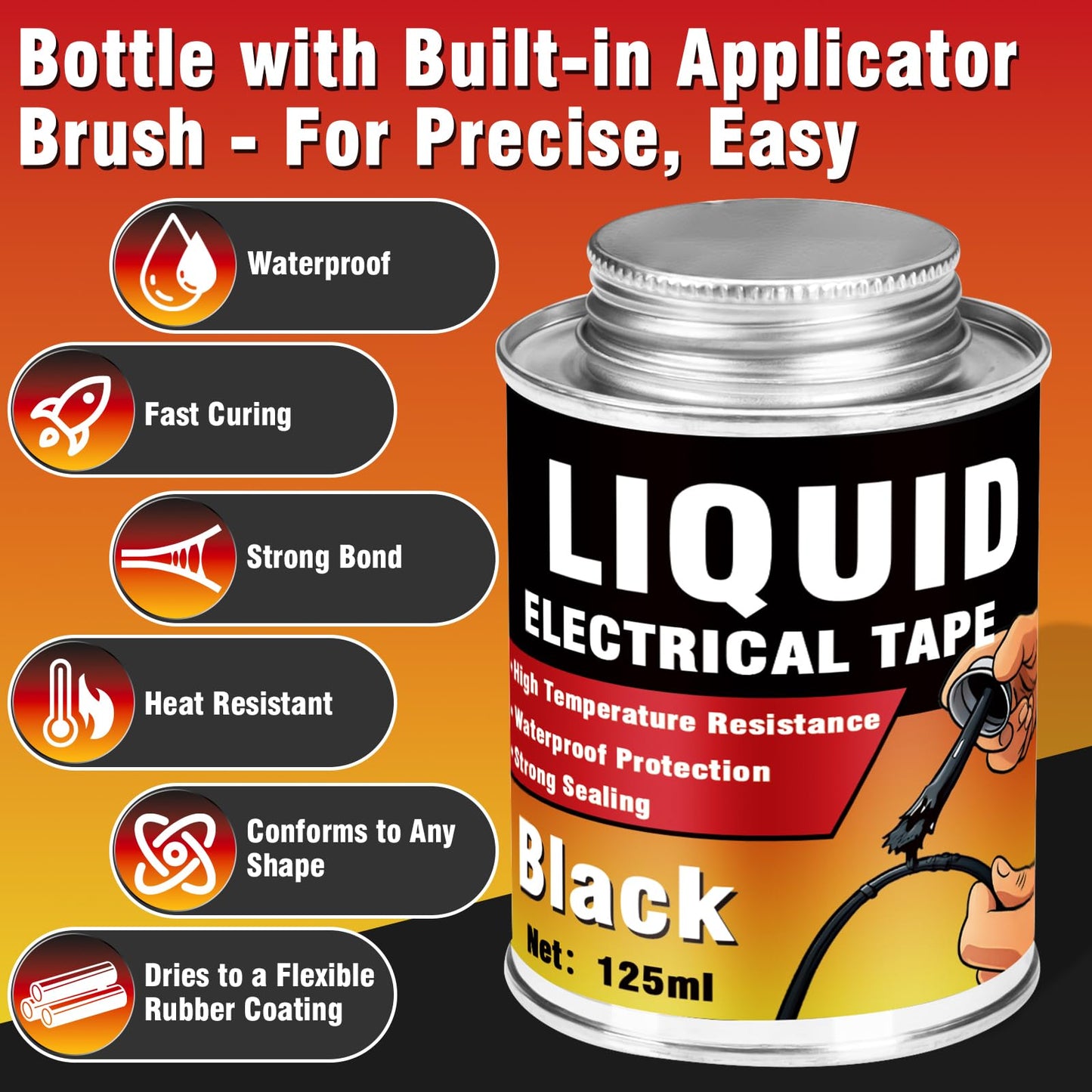 Liquid Electrical Tape, 125ml Waterproof Sealing Glue, Wire Insulation Rubber, Black Electrical Tape Glue Used for Wires & Cables, Plug, Circuit Board, Automotive, Marine