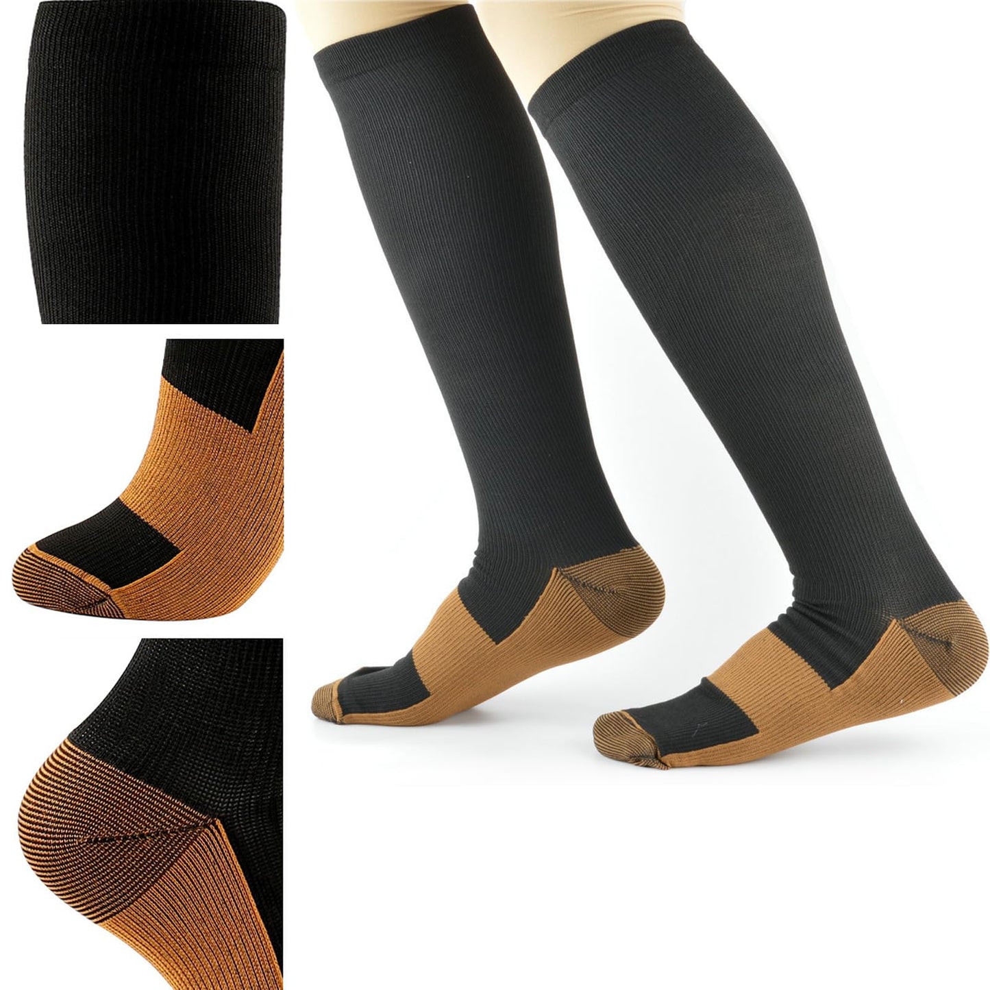8 Pairs Copper Compression Socks for Men Circulation 15-20 mmHg Knee High Stockings for Running Hiking Climbing Cycling (US, Alpha, One Size, Regular, Regular, Black&Brown)