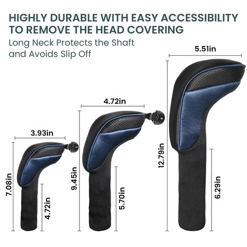 FINGER TEN Golf Club Head Covers for Woods Driver Fairway Hybrid Value 3/5 Pack, Long Headcover Interchangeable Accessories for Ultimate Club Protection (Blue&Black(1D+1F+1H))