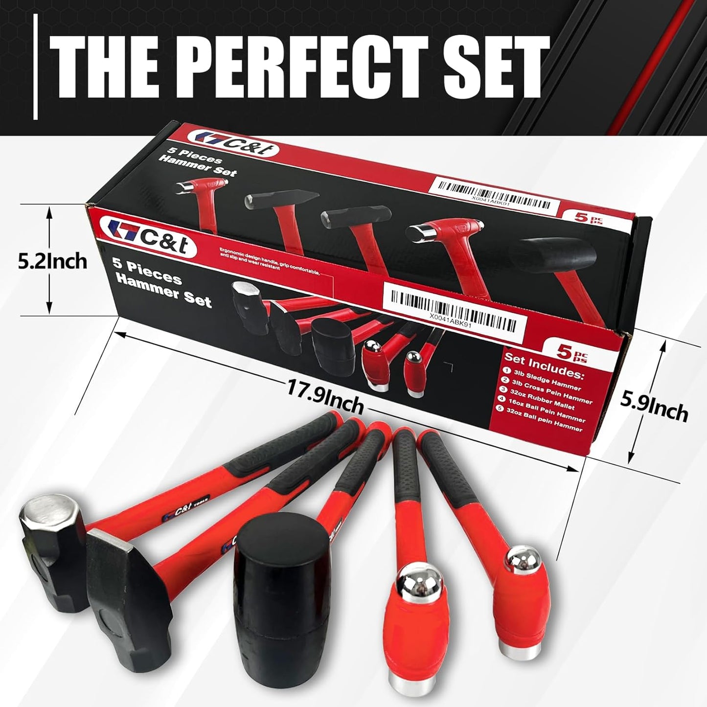 5-Piece Hammer Set with Fiberglass Handles | Ball Peen, Rubber Mallet & Sledge Hammers