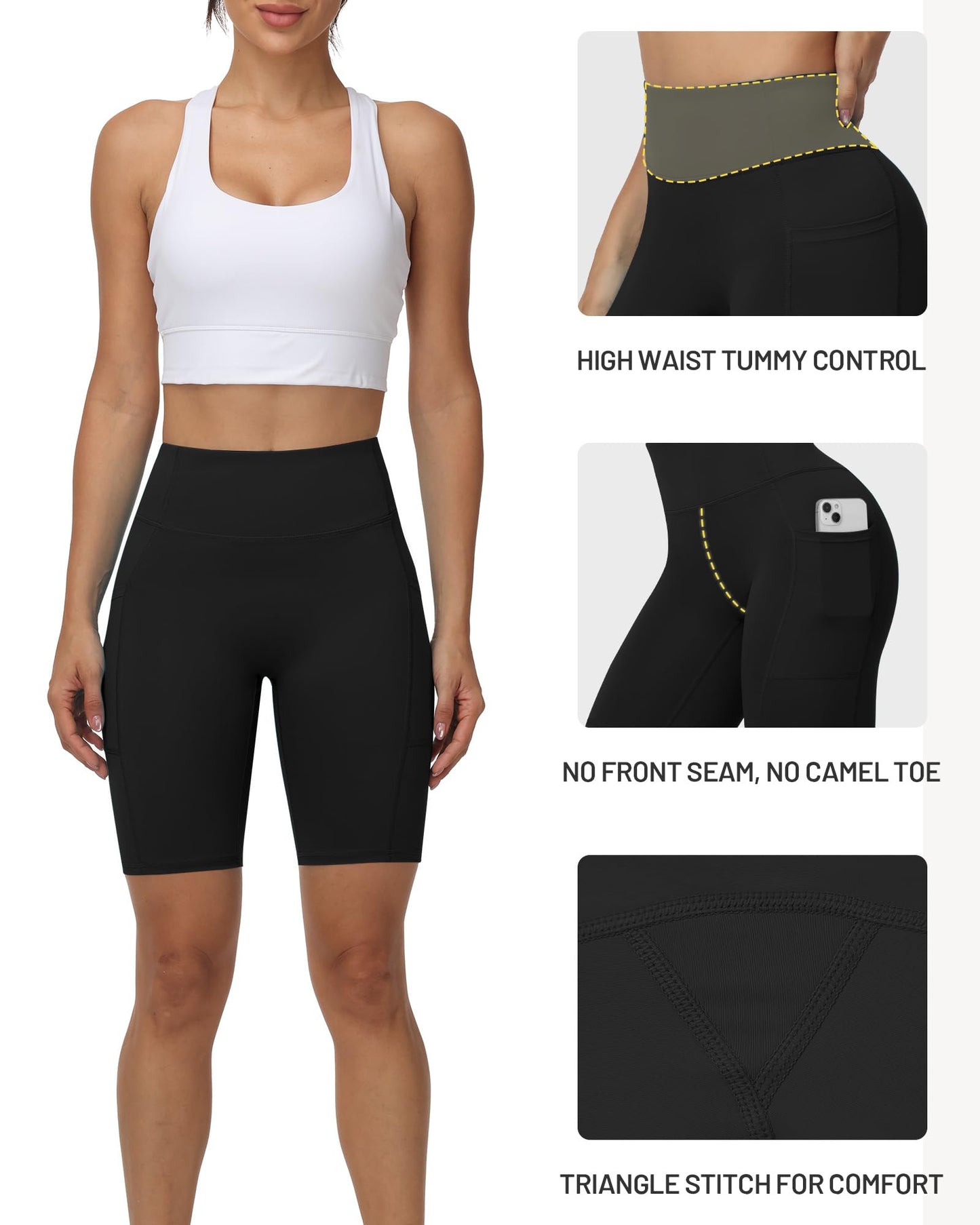 Moozava Biker Shorts with Pockets for Women 8" Spandex Shorts Women High Waist Athletic Compression Gym Workout Yoga Running Bike Black L