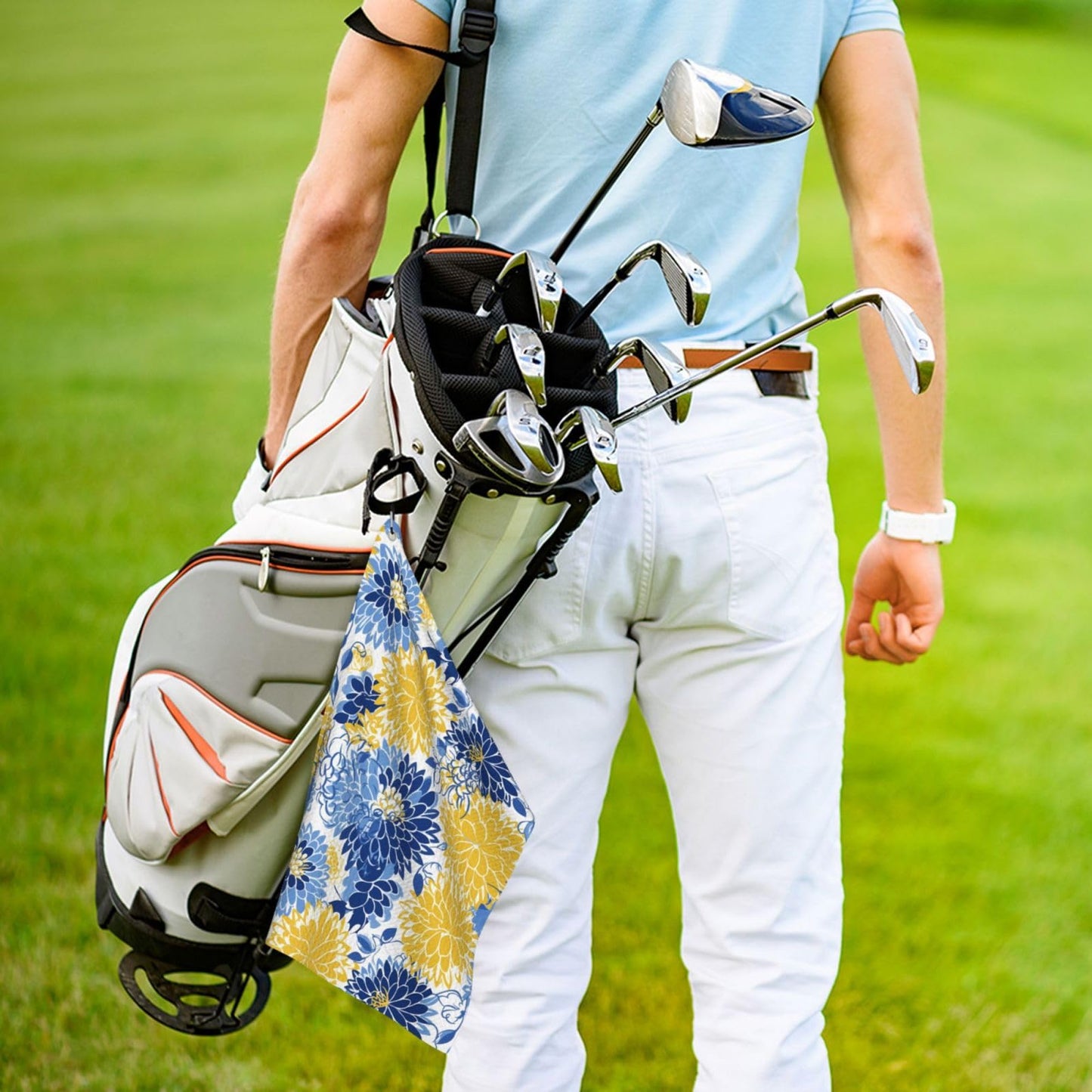 hsbolediy Golf Towels for Men Golfers 16"x24", Flower Blue Floral Yellow Custom Golf Towel Gifts Accessories for Golf Bags