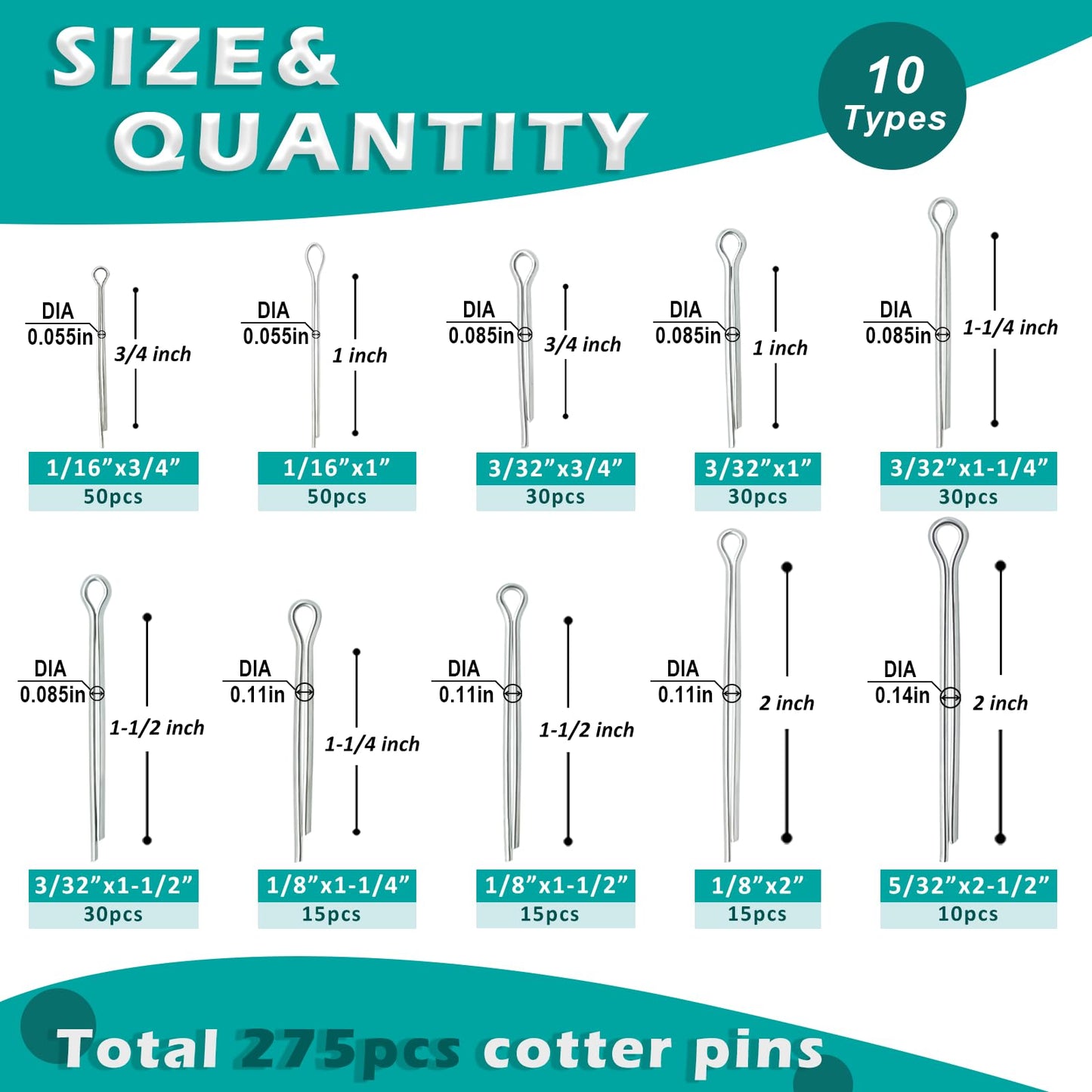 Hoeine Cotter Pin Assortment Kit, 275pcs Hardware Pins 10 Sizes Stainless Steel Cotter Pins for Mower, Tractor, Motorcycle, Boat, Vehicle, etc.