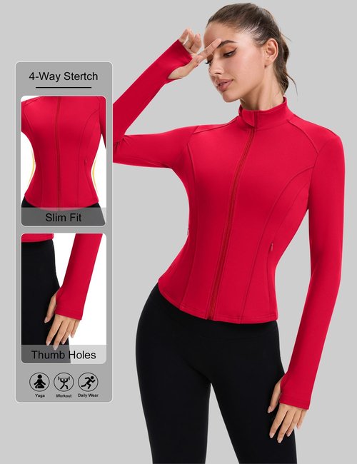 ZHENWEI Yoga Outfits for Women Zip Up Lightweight Cropped Jackets Athletic Long Sleeve Tight Running Clothes (Red, L)
