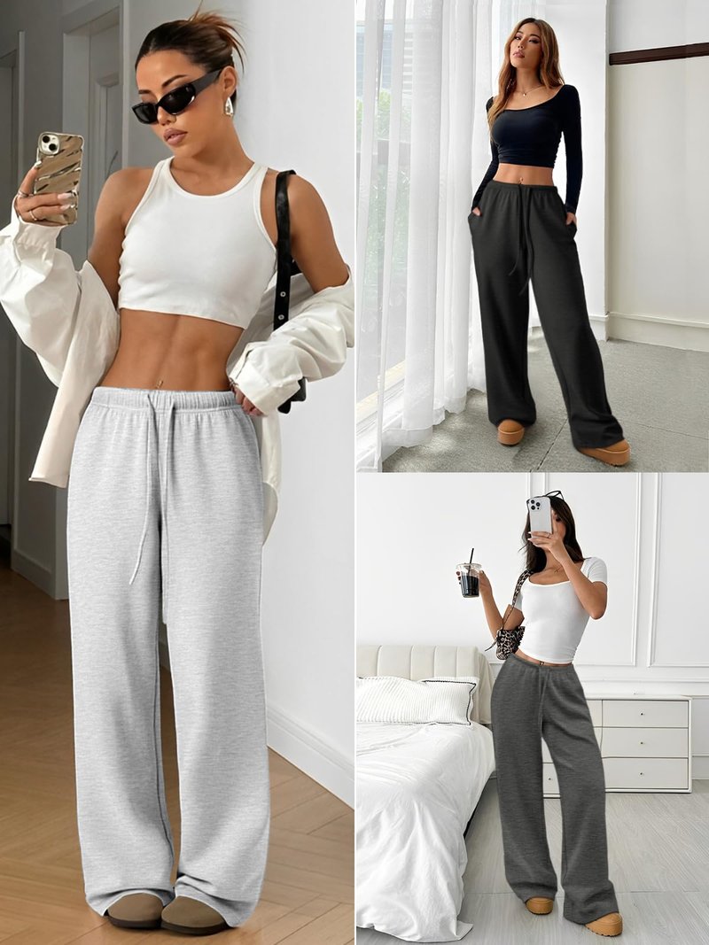 ATHMILE Womens Sweatpants Wide Leg Barrel Pants Baggy Joggers Low Waist Fall Fashion Winter Clothing Pockets 2026 Black