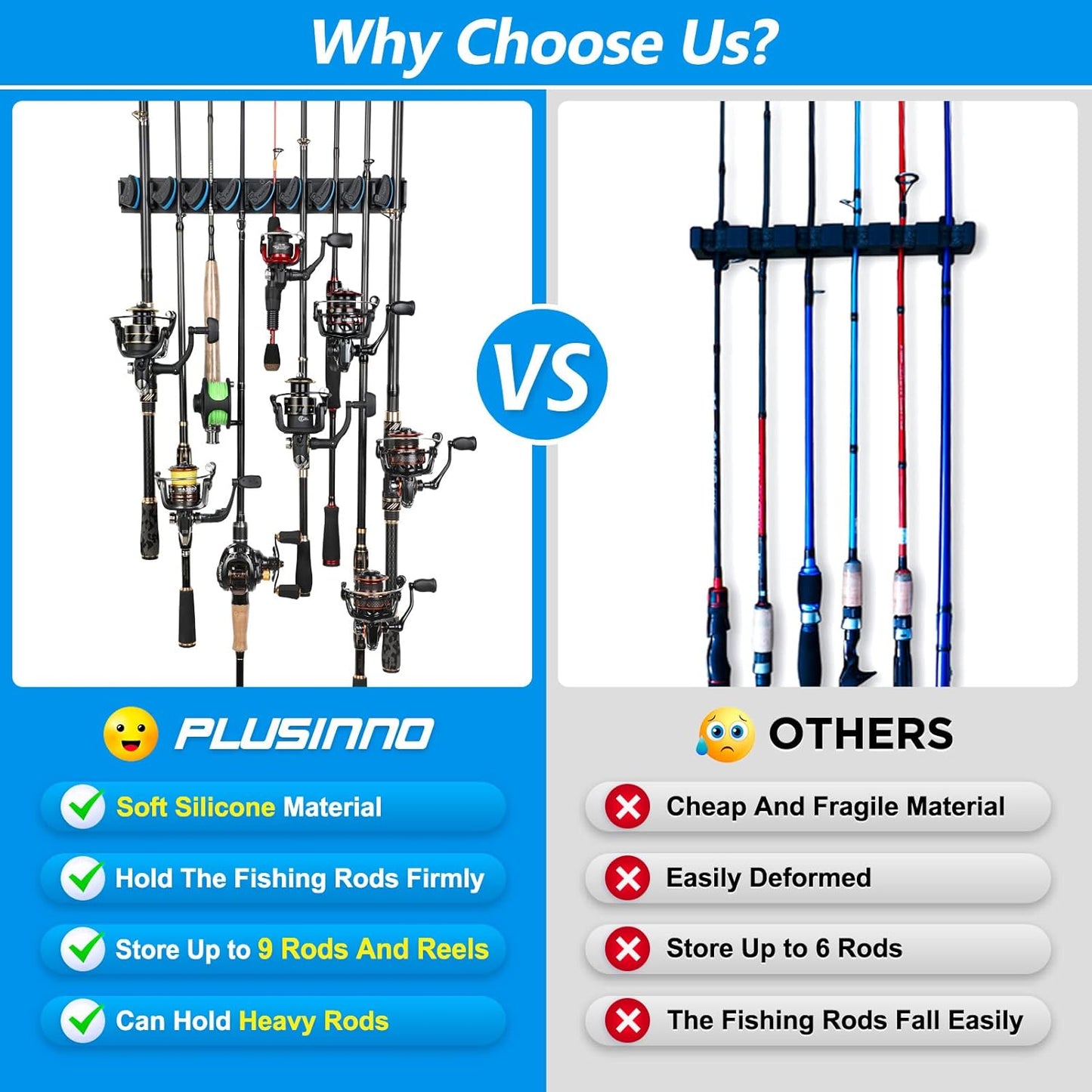 PLUSINNO Fishing Rod Rack - Wall-Mounted Holder for 36 Rods | 4-Pack Fishing Gear Organizer