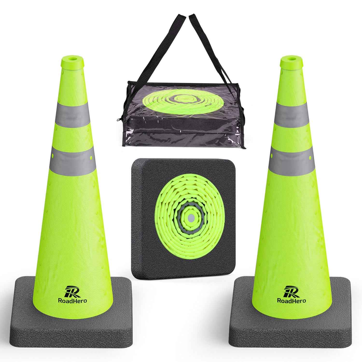 28 Inch Collapsible Traffic Safety Cones - Weighted Base & Reflective Collars, 4 Pack