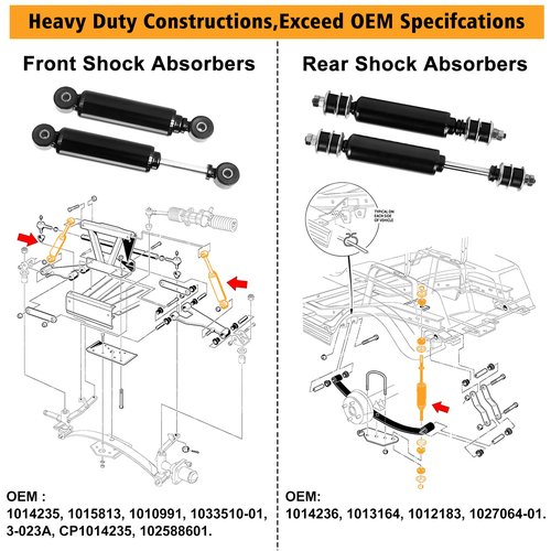 Club Car Front and Rear Shocks for Golf Cart - DS & E 1988-up, Precedent G&E 2004-up (2 Front + 2 Rear) - Replace OEM: 1014235, 1014236, 1010991, 1015813, 1013164
