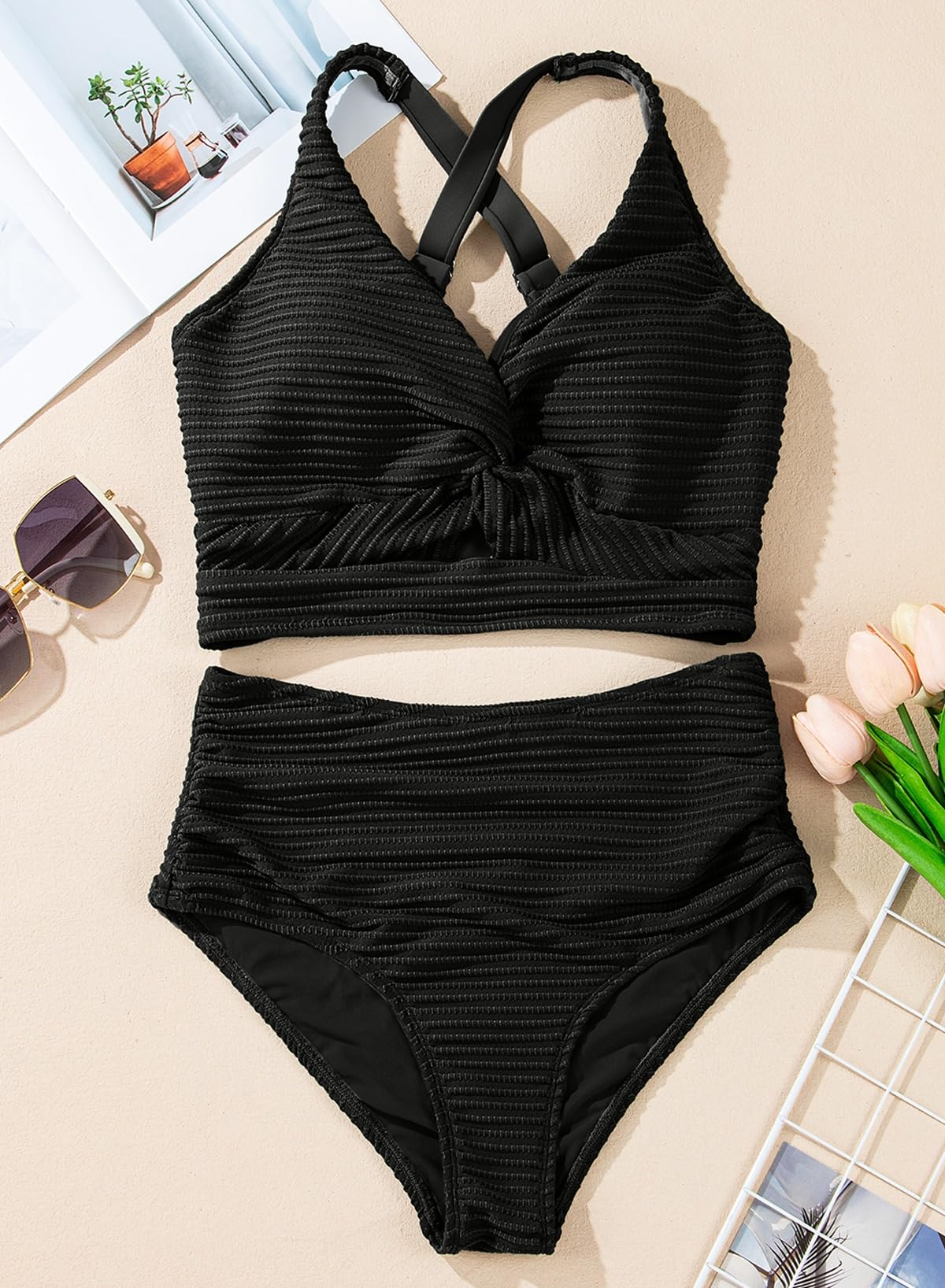 Herseas Womens Black 2 Piece Bikini Sets Twist Front Adjustable Straps Bikini Top Swimsuits High Waisted Bottom Textured Push Up Bathing Suits Girls Fashion Beach Vacation Outfits Large
