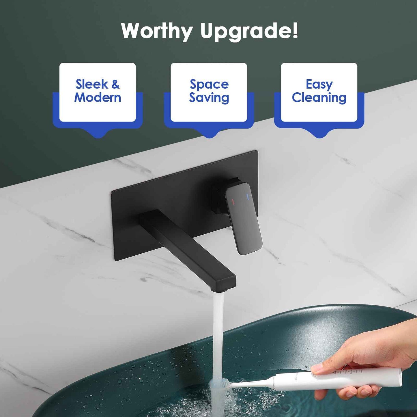 ROVOGO Wall Mount Bathroom Sink Faucet with Rectangular Spout and Rough-in Valve, Single Handle Single Hole Faucet for Bathroom Sink, 304 Stainless Steel, Black