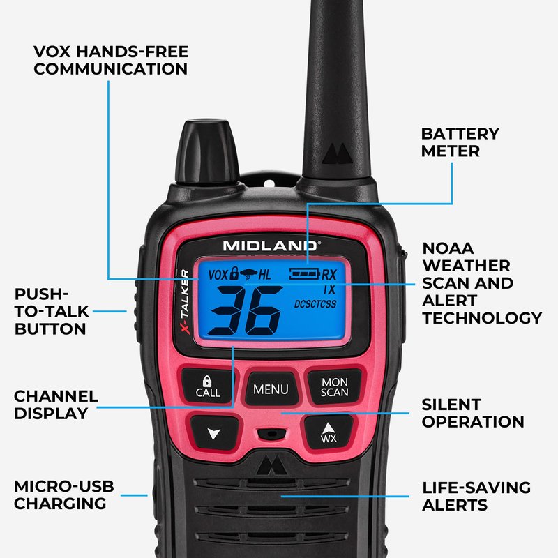 Midland T71PNK X-TALKER FRS Walkie Talkies with NOAA Weather Scan & Alert – Long Range Two-Way Radios – 36 Channels, 121 Privacy Codes – for Camping, Overlanding, Rock Crawling – Black/Pink, 2 Pack