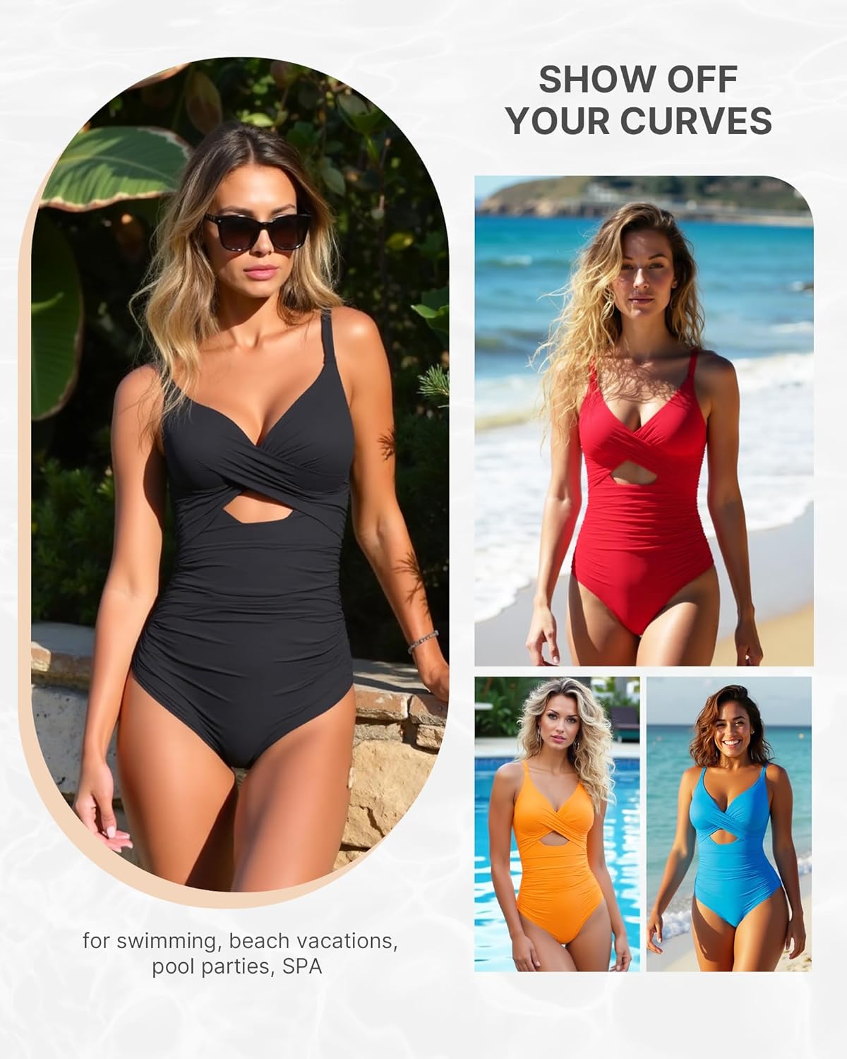SHAPELLX Tummy Control One-Piece Swimsuit - V Neck, Ruched Design, Slimming Fit with Built-In Bra