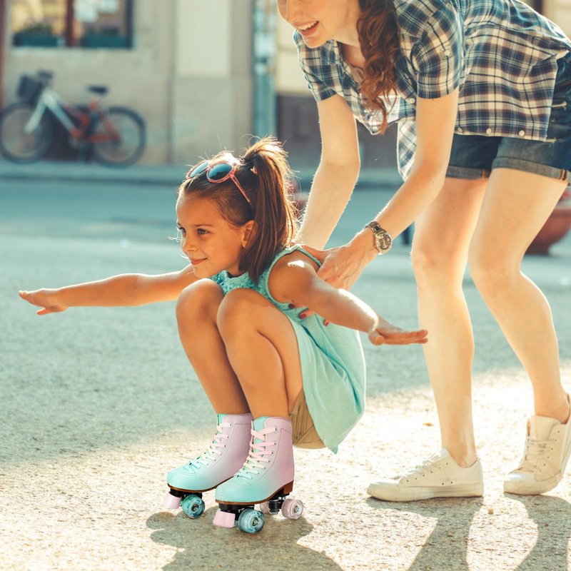 Tmore Quad Roller Skates for Women and Girls, Double-Row Light Up Roller Skate for Indoor Outdoor High Top PU Leather Kids Roller Skates Four-Wheel Adjustable Skates (Green Pink,34)