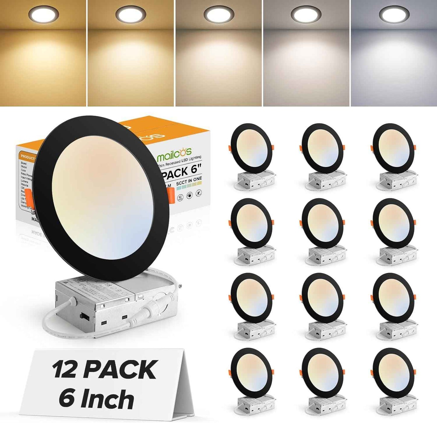 Ultra-Thin 12 Pack 6-Inch Dimmable LED Recessed Lighting - 5CCT Selectable, 1050LM, ETL