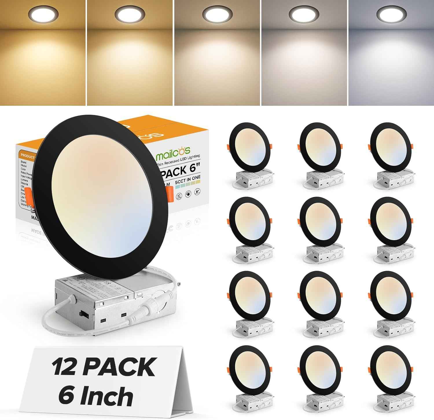 Ultra-Thin 12 Pack 6-Inch Dimmable LED Recessed Lighting - 5CCT Selectable, 1050LM, ETL
