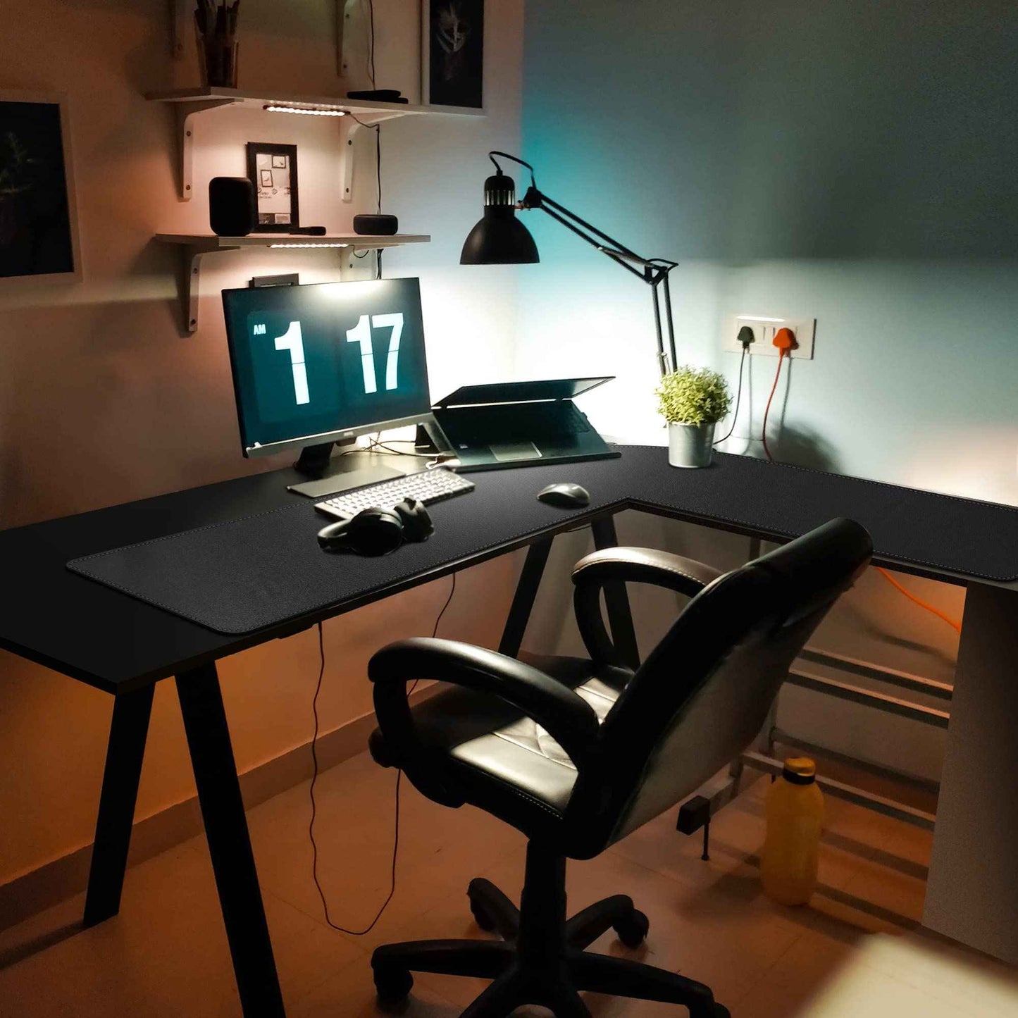 Mydours 53"x53"x16" L Shaped Office Mat, Full Desk Mouse Pad for Large L Shaped Gaming Desk Cover, Dual-Sided PU Leather Pad, Corner Mat for Home & Executive Office Desks, Black