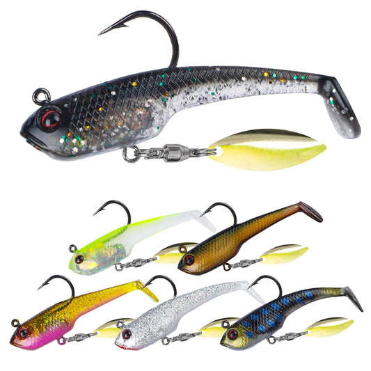 Pawfly 6 Pcs Fishing Lures, Soft Bass Lures, Fishing Bait Trout Lures with Jig Heads, Plastic Swimbaits for Freshwater & Saltwater, Paddle Tail Swim Baits for Bass Catfish Trout Crappie Walleye