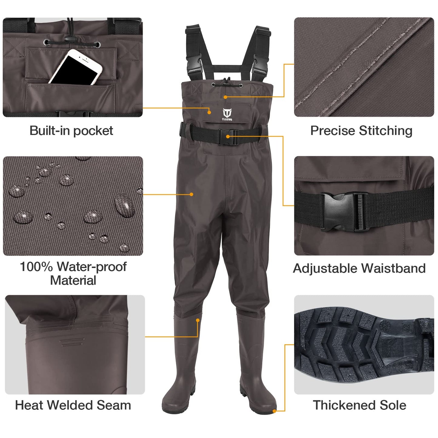 TIDEWE Bootfoot Chest Wader, 2-Ply Nylon/PVC Waterproof Fishing & Hunting Waders with Boot Hanger for Men and Women Brown Size 11