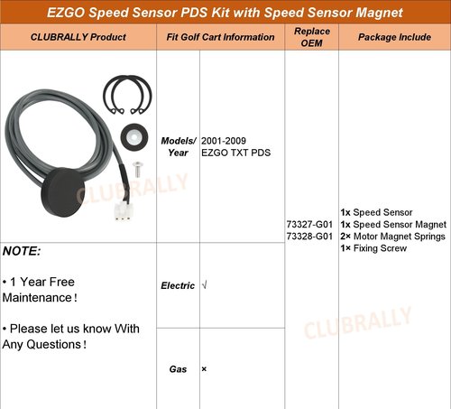 CLUBRALLY Speed Sensor PDS Kit with Speed Sensor Magnet, Fits EZGO Electric Golf Cart 2001-2009, OEM#73327-G01, 73328-G01