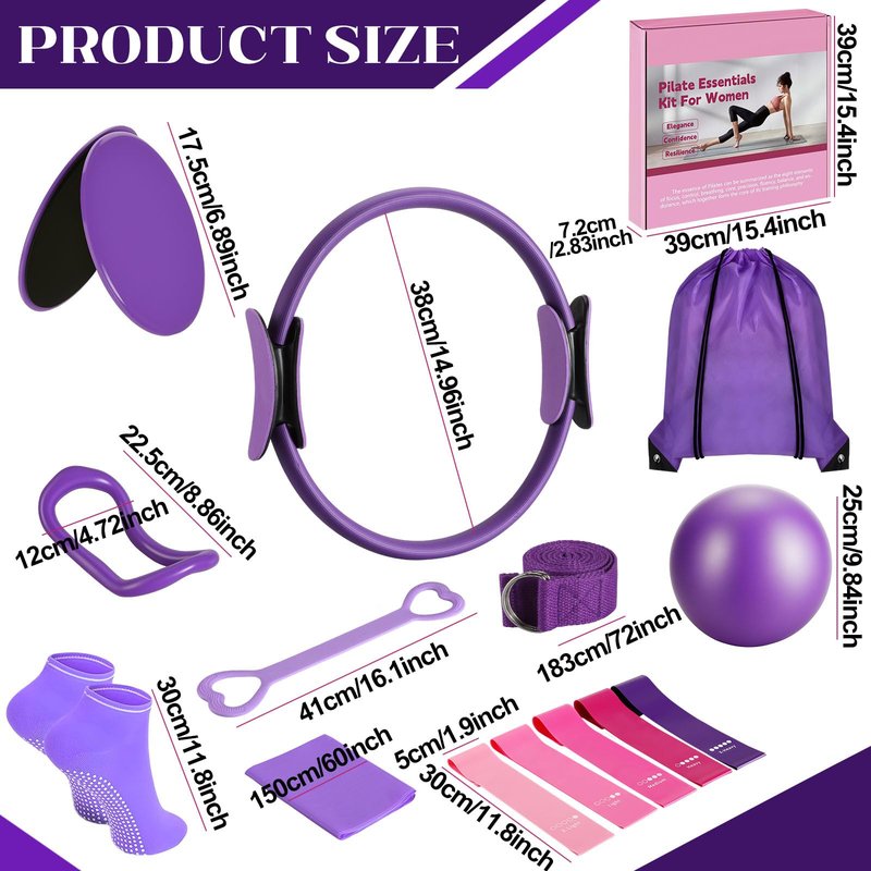 14 Pcs Pilates Kit Home Workout Kit for Women, Pilates Equipment with 14.9" Pilates Ring and Ball, Resistance Bands, Sliders & Grip Socks Starter Pilates Essentials Kit for Gym Studio Travel（Purple）