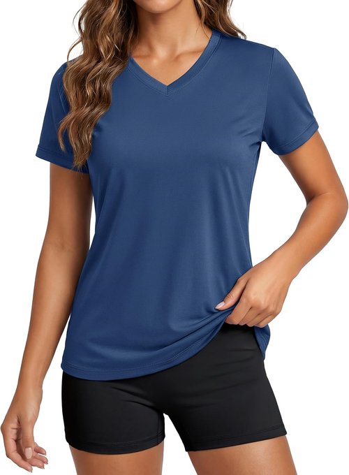 MAGCOMSEN Women's Athletic V-Neck Workout Top - Quick Dry, Moisture-Wicking, UPF 50+, Short Sleeve Gym Tee