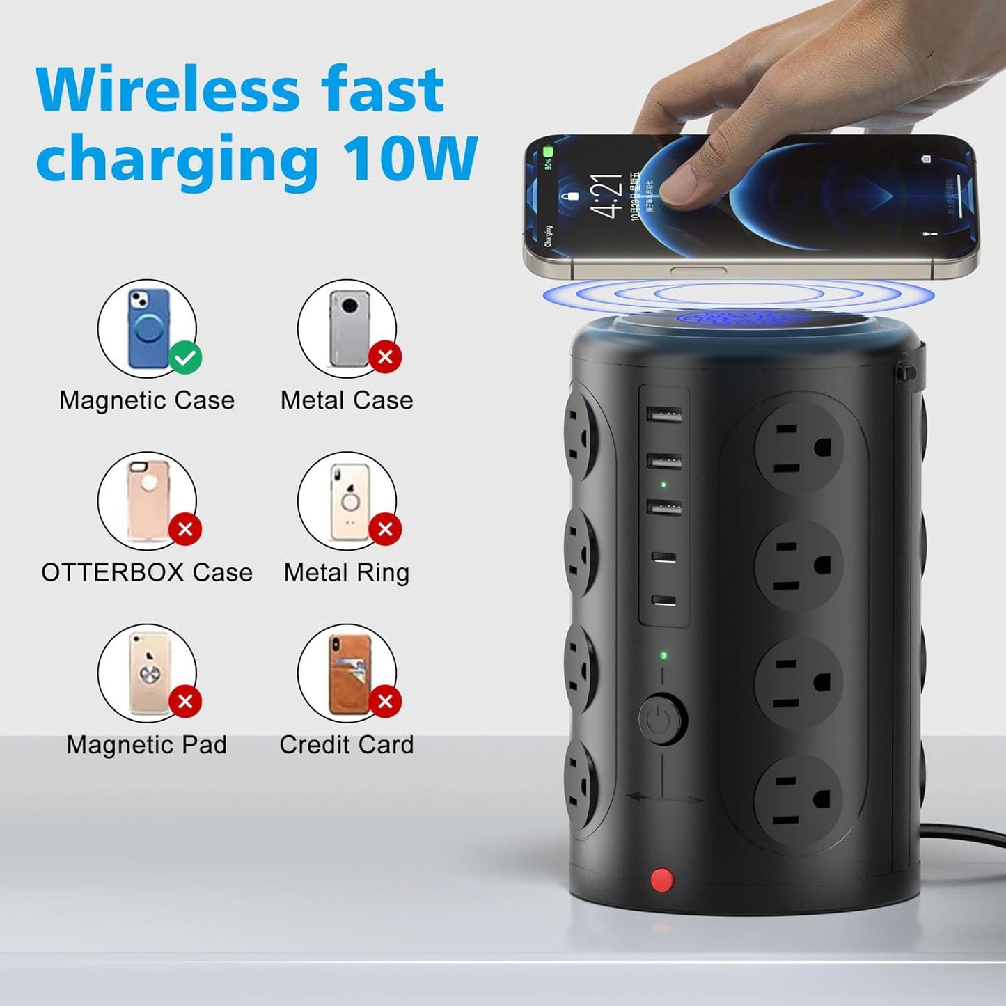 15W Wireless Charging Surge Protector Power Strip with 16 AC Outlets & 5 USB Ports - Desk Charging Station for Home, Office & Dorm Room (10FT)