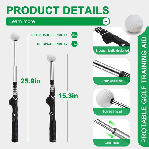 Retractable Golf Swing Trainer - Pro Handed Click Stick Golf Grip Trainer | Golf Grip Swing Training Aid Ideal for Beginners (Black)