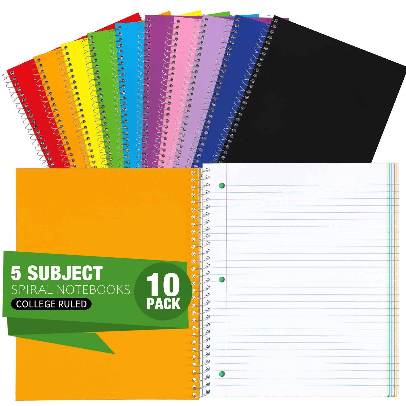 Fulmoon 10 Pcs 5 Subject Notebook Spiral Notebooks for School Office Hardcover Spiral Lined Notebook for Work, 240 Pages/ 120 Sheets, 8 x 10-1/2", 3 Hole Punched, 4 Removable Dividers (9/32 inch)