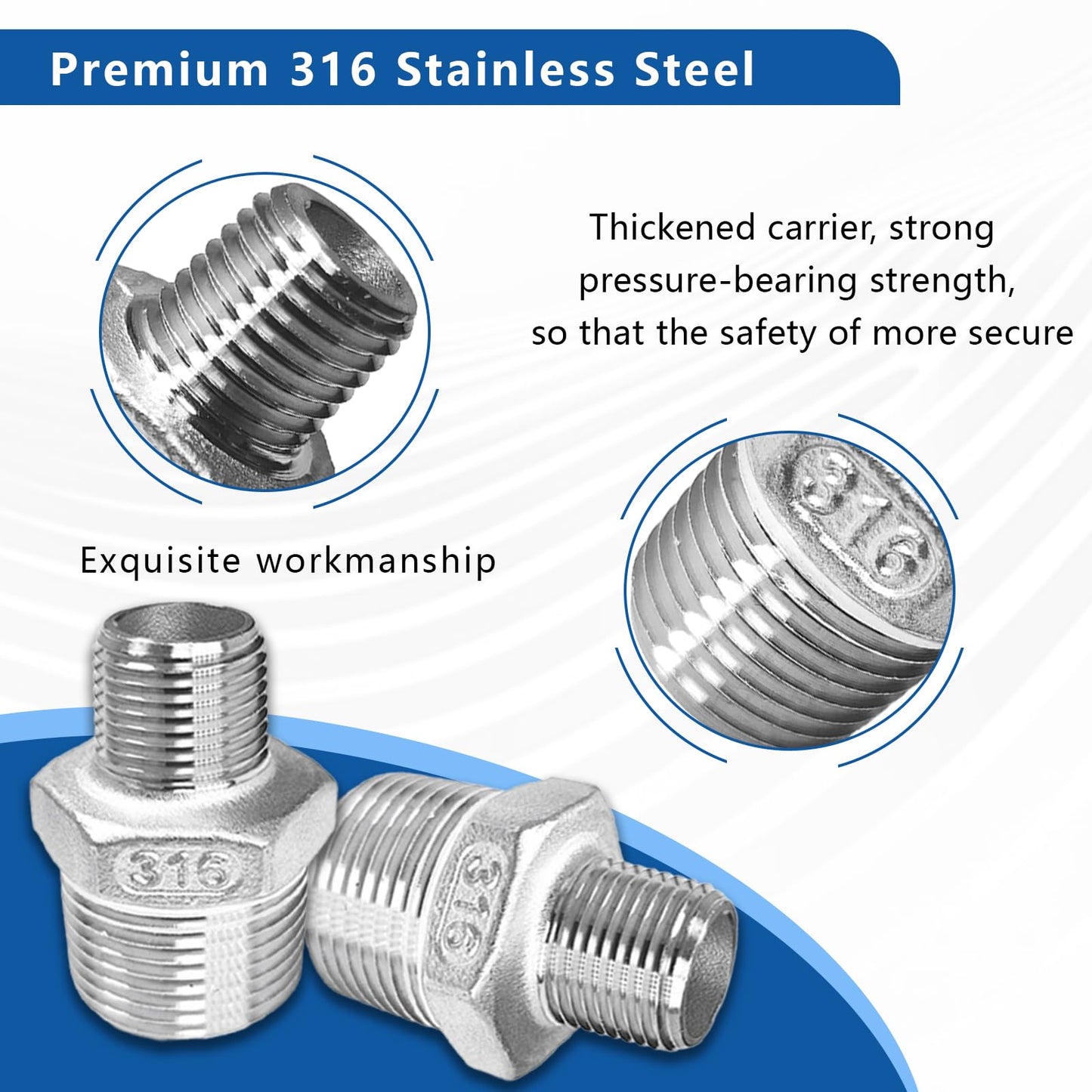 Dnkoua 2-Pack 316 Stainless Steel Reducing Hex Nipple, 1/2" NPT Male x 1/4" NPT Male Pipe Fitting Adapter - Corrosion Resistant Reducer Connector for Plumbing, Hydraulic Systems (1/2" to 1/4")
