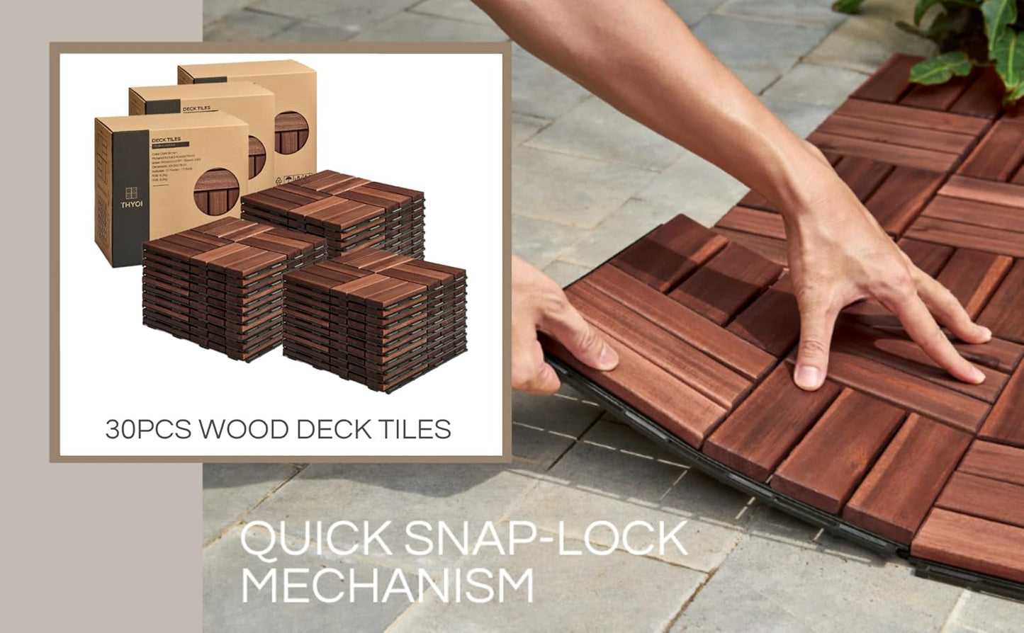 Outdoor Waterproof Acacia Wood Deck Tiles - 10 Pcs Patio Flooring for All Weather Use
