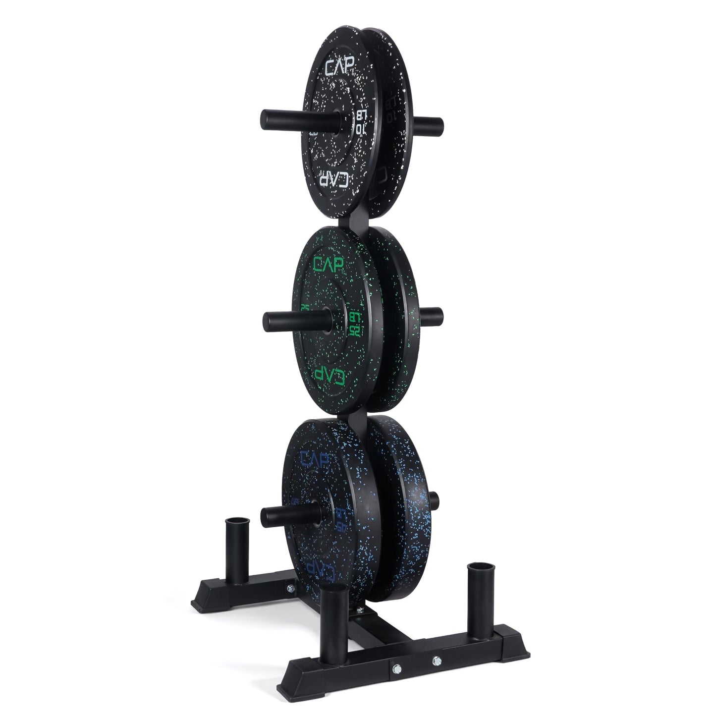CAP 160 lb Economy Speckled Olympic Bumper Plate Set with Storage Rack, 2-Inch Olympic Plates, Medium Bounce Rubber Weight Plates with Steel Hub, 6 Weight Posts & 4 Barbell Holders for Weightlifting, Strength Training & Home Gym Workouts