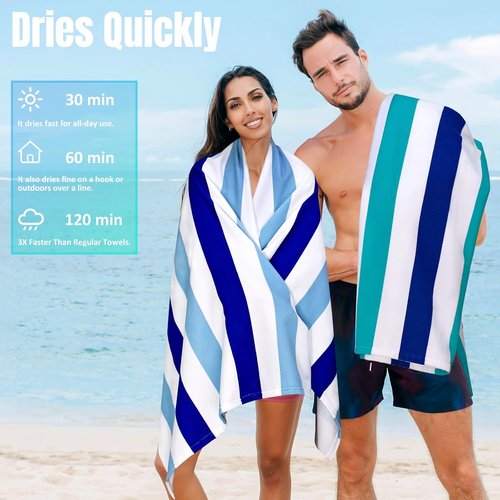 Cabanana Large Oversized Beach Towel - Quick-Dry Microfiber, Sand-Free, 35 x 70 Inch, Turquoise Stripes