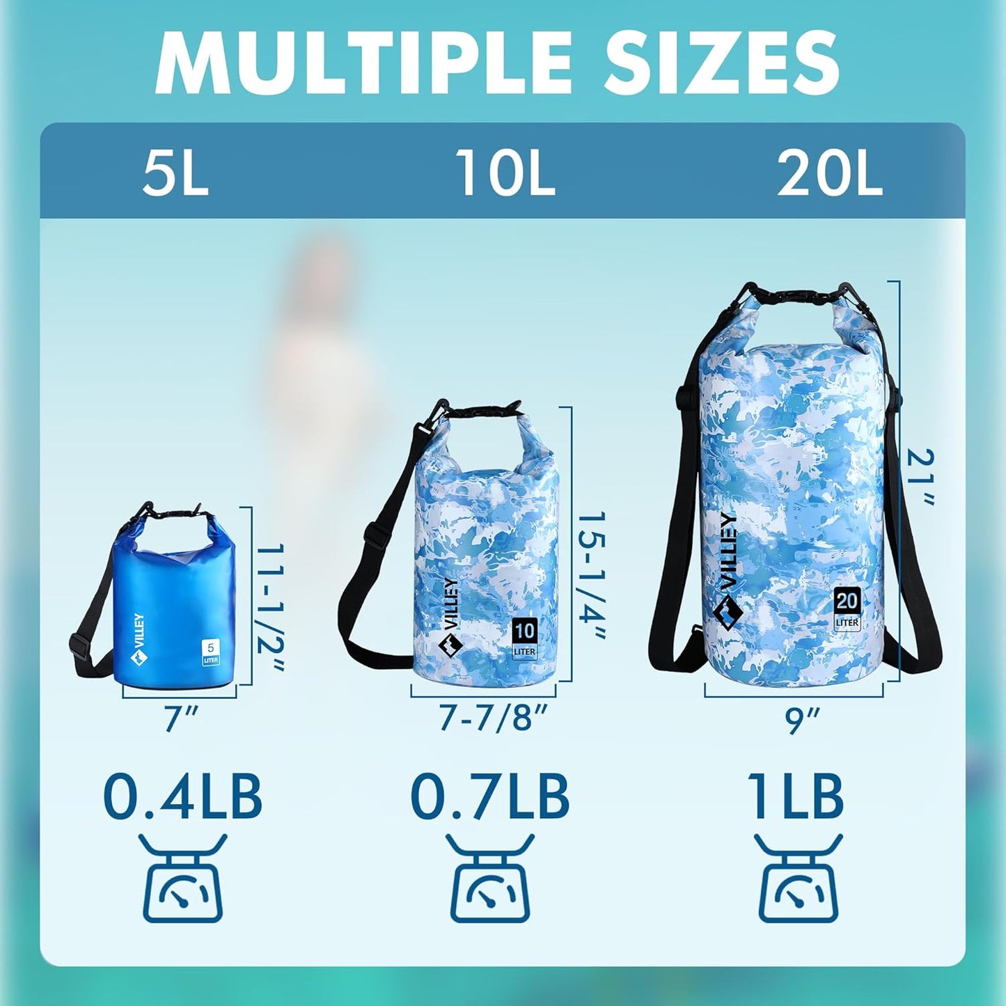 VILLEY Waterproof Dry Bag - 5L Roll Top Backpack for Kayaking, Camping & Beach - Blue Transparent