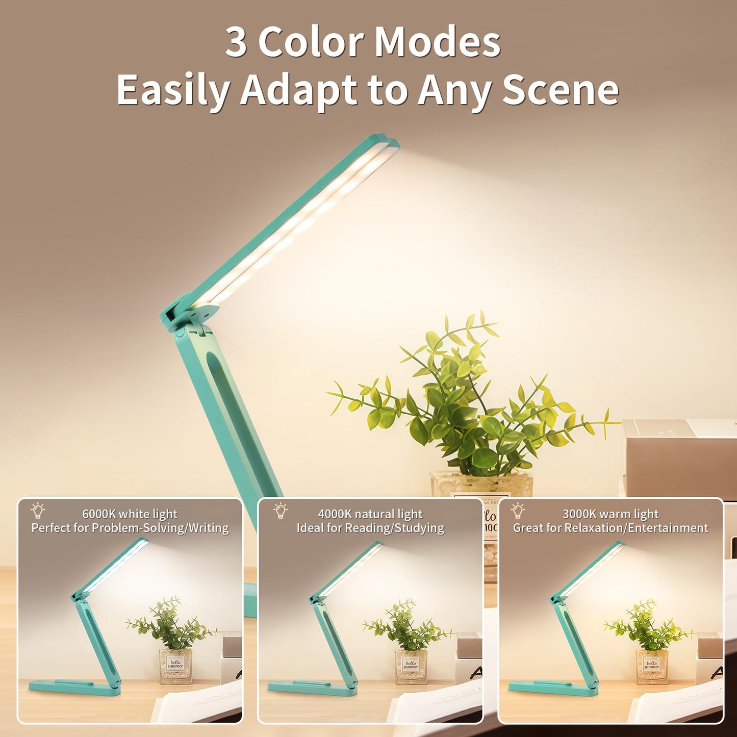 Bsdgeclogy Foldable and Adjustable LED Desk Lamp, Dual Head Portable Book Light with Stepless Dimming and 3 Color Modes for Bedside, Reading or Travel(Blue)