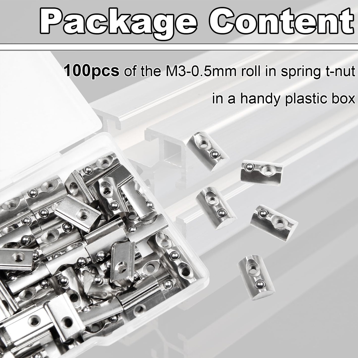 M3 Roll in Spring Loaded T Nut 100pcs M3x0.5mm T-Nuts Carbon Steel Nickel Plated for 20x20 20 Series Aluminum Extrusions 3D Printer Replacement Tiny Nuts
