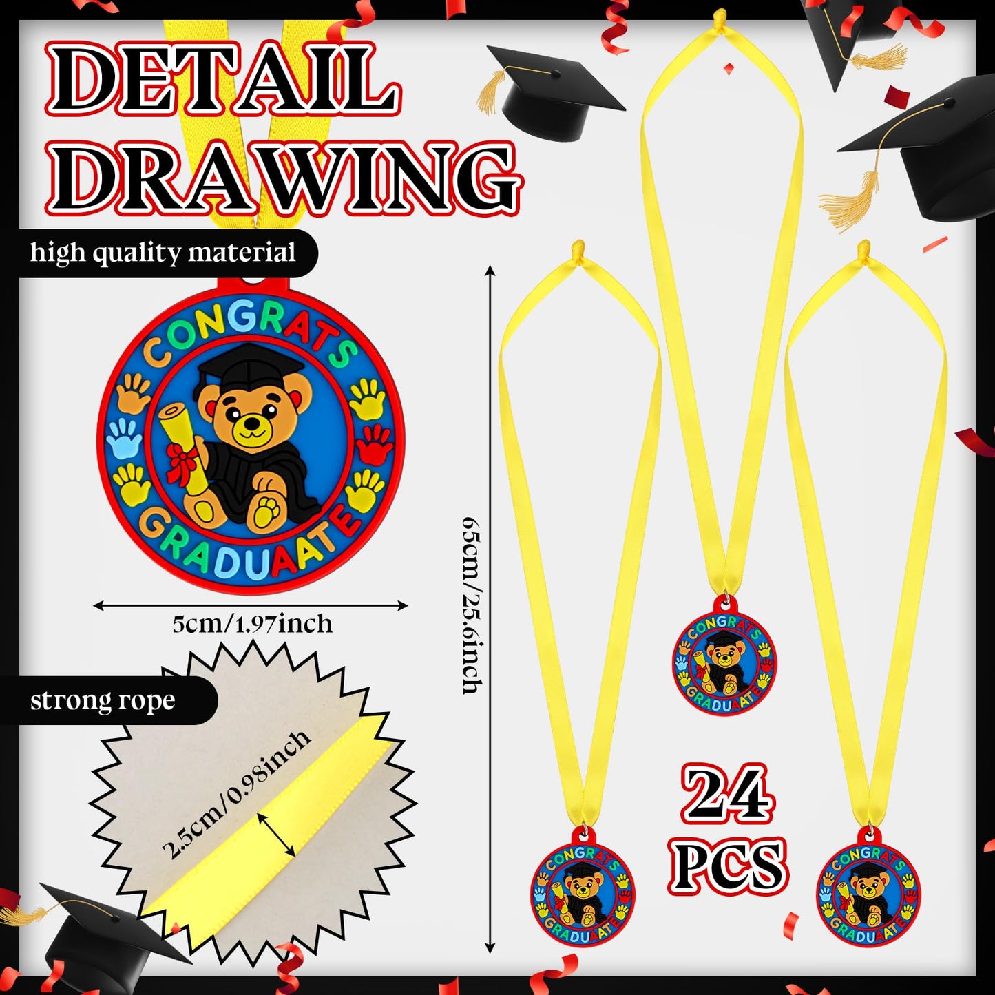 Sratte 24 Pcs Kindergarten Prek Preschool Graduation Medals for Kids, Bulk Kinder Pre-k Graduation Gifts with Yellow Ribbon, End of Year Student Gifts Party Favors Supplies, 2 Inch (Bear Graduate)