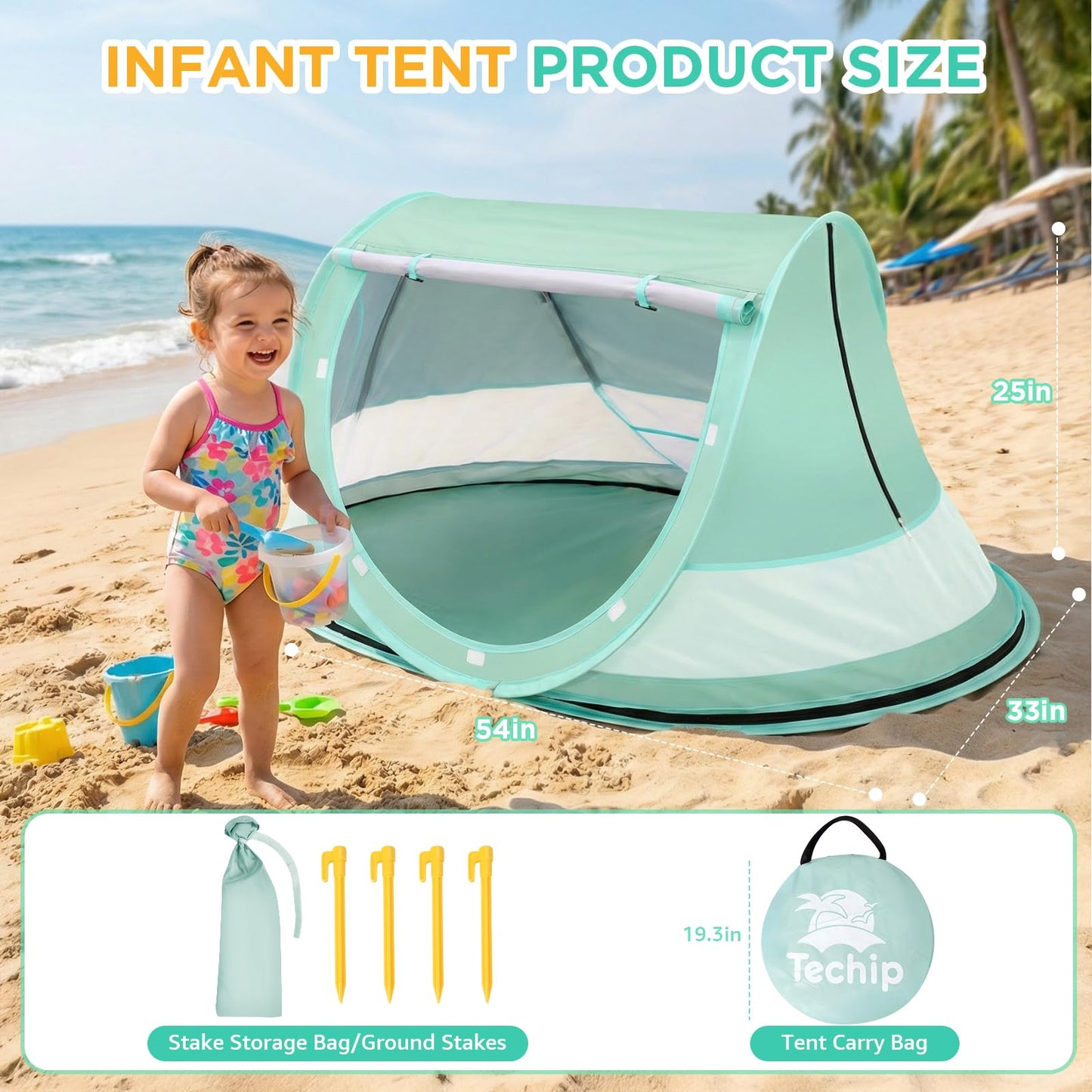 Techip Baby Beach Tent, Pop Up Beach Tent Sun Shade for Beach, UPF 50+ UV Protection Sun Shelters for Infants with Carry Bag for Outdoor Travel, Camping(Green)