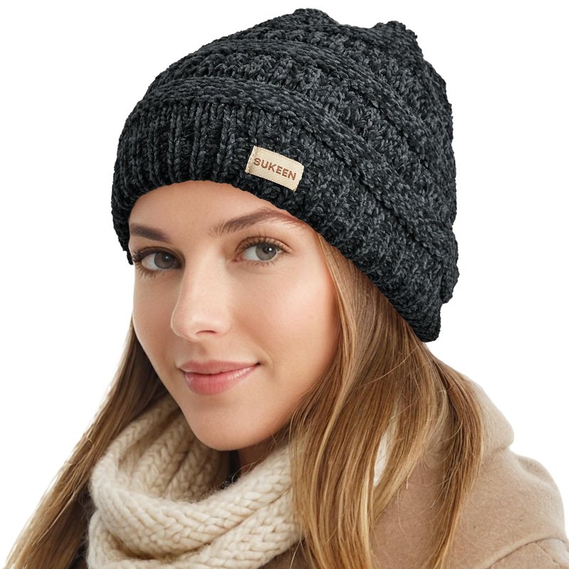 Sukeen Knit Beanie Hat for Women Thick Fleece Lined Winter Hat Warm Skull Cap Fashionable Knit Cap for Outdoor Black