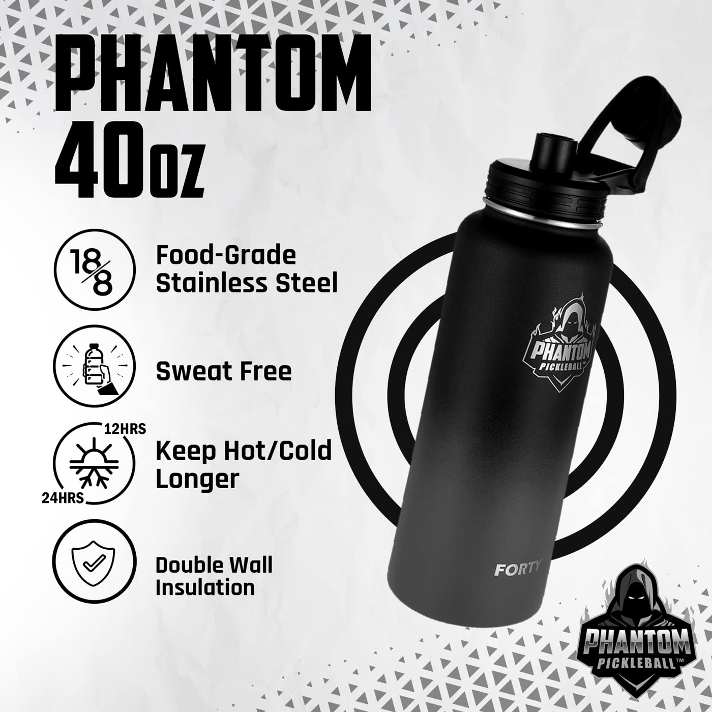Phantom Pickleball Stainless Steel Water Bottle – Double Wall Insulation 40 Oz Water Bottles – Leakproof Water Jug with Spout with Twist Cap – Ideal Sports Bottle for Training, Hydration