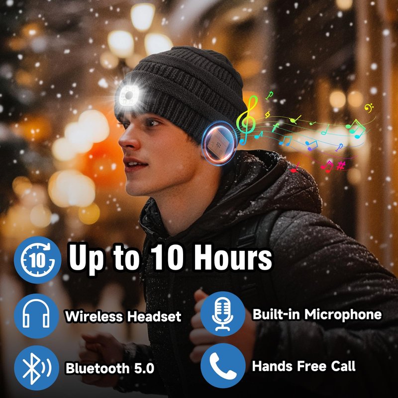 Rotibox Bluetooth Beanie Hat with Light, Music Knit Hat with Headphones for Outdoor Sports,Gifts for Men, Stocking Stuffers for Men