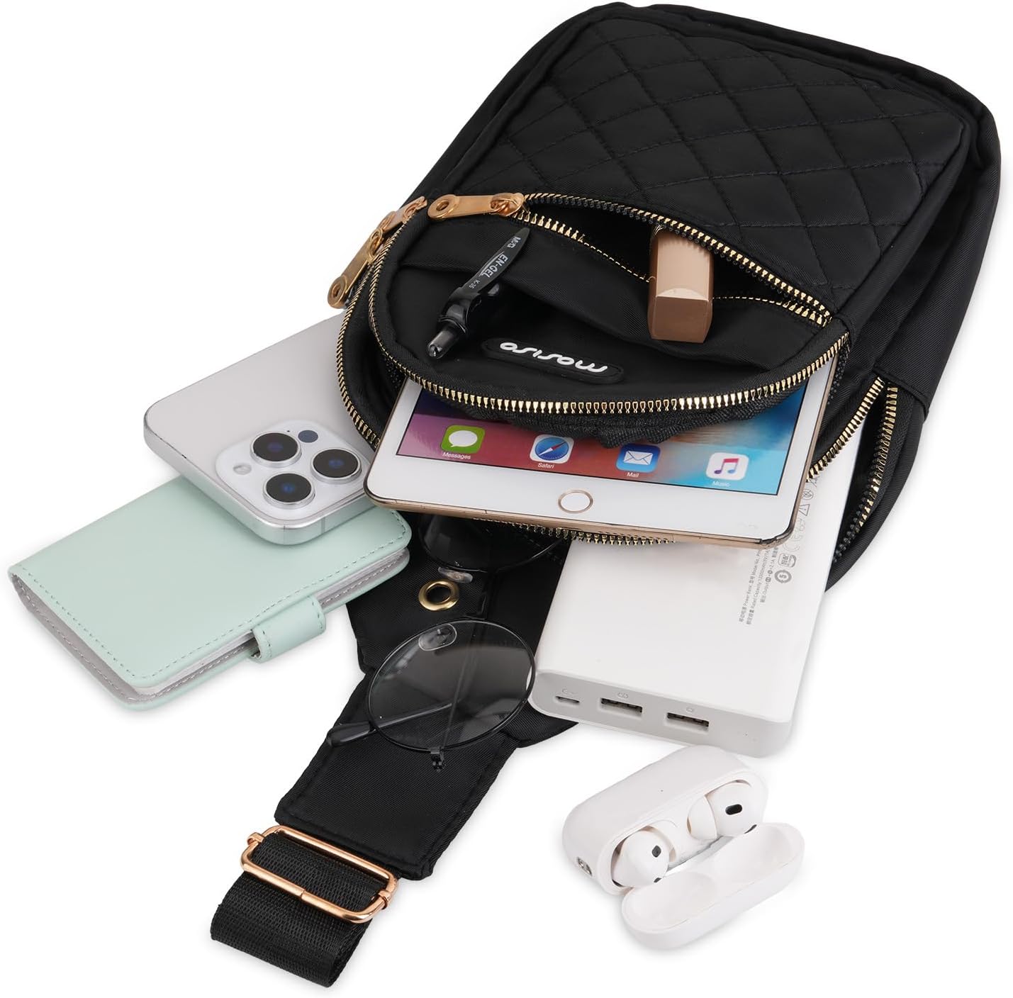 MOSISO Small Sling Backpack - Lightweight Rhombus Quilted Crossbody Bag for Hiking | Black