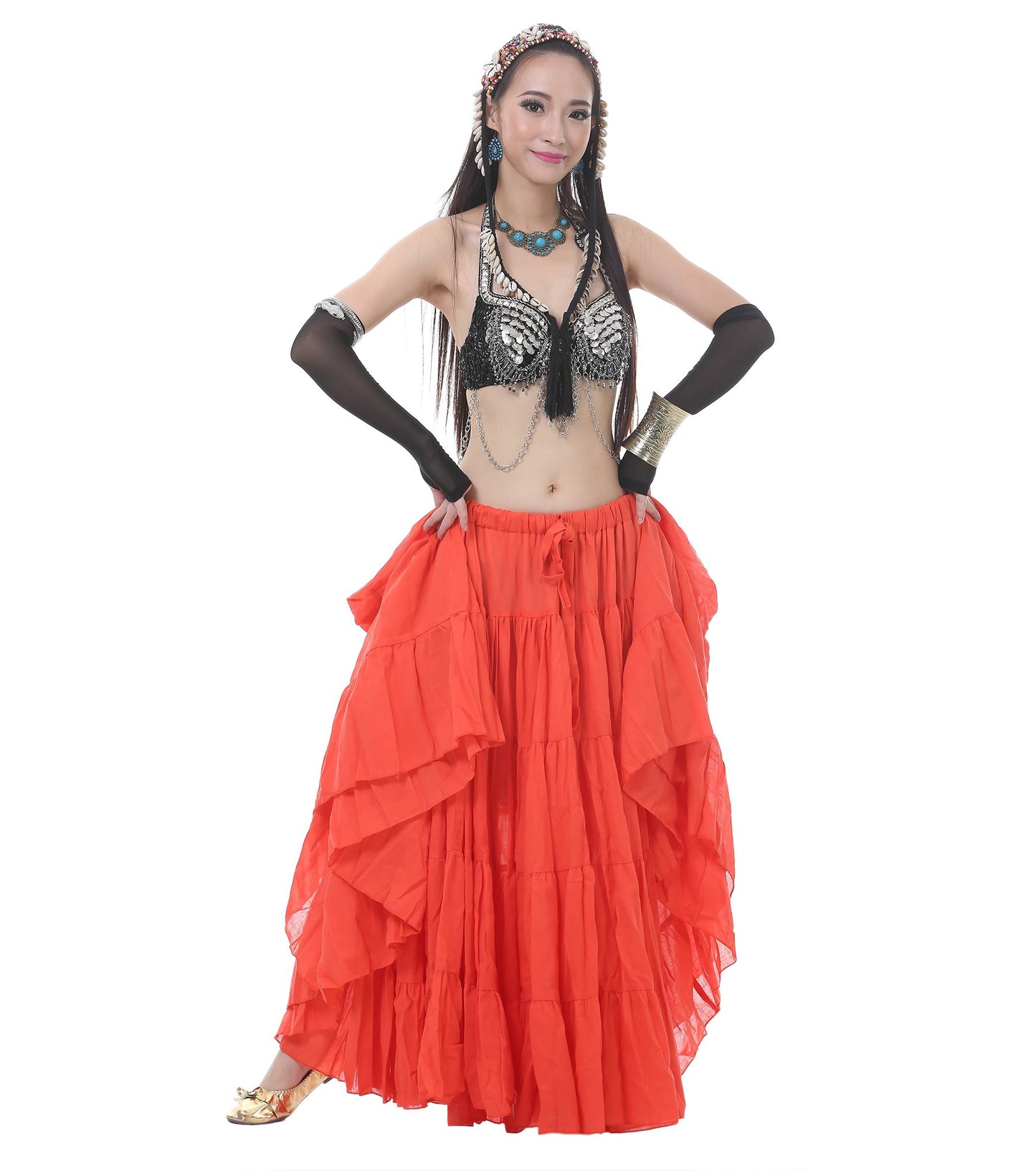Astage Woman Belly Dance Full Circle Maxi Trible Skirts Linen Bohe Dress Orange