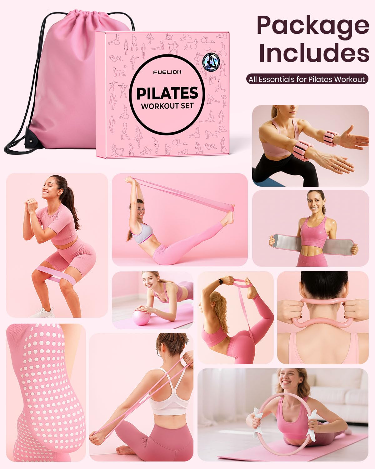 Fuelion Pilates Ring Set, Magic Circle Yoga Ring, Pilates Ball, Adjustable Ankle Wrist Weights, Resistance Bands, Mini Ball, Pilates Starter Kit for Strength, Workout Guide Included (Pink, Large-Pro)