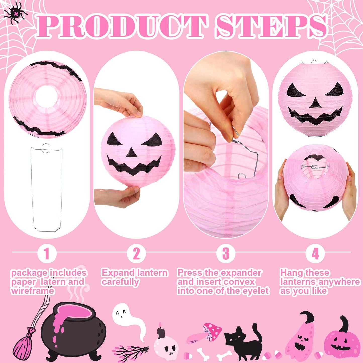 Riakrum 6 Pcs 8 Inch Halloween Jack O Paper Lantern Decoration Halloween Pink Pumpkin Paper Lantern Hanging for Indoor Outdoor Garden Party Decoration